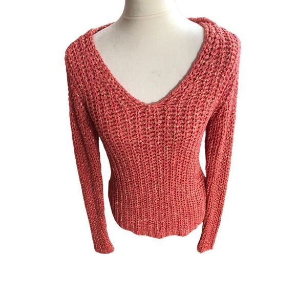 Talbots loose knit autumn orange with yellow flecks long sleeve vee neck sweater - Picture 2 of 9